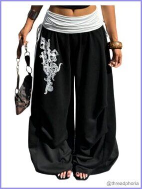 Verdusa Y2K Fold Over Wide Leg Baggy Goth Print Pants